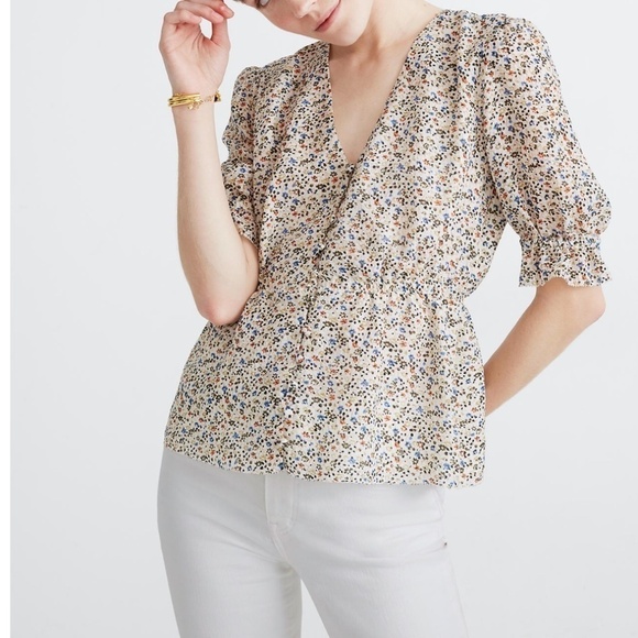 Silk V-Neck Peplum Popover Top in Fieldwalk Floral - Picture 2 of 9